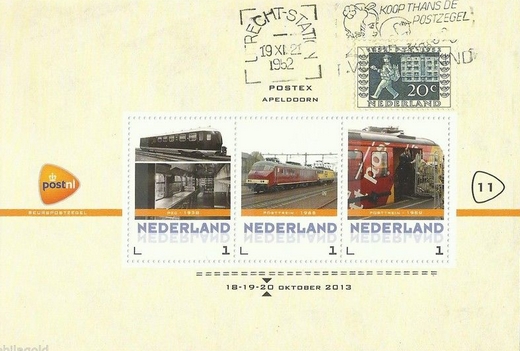year=2013, personalised Dutch stamp sheet of Postex fair: mail transport by rail, NVPH: 3012-C-11